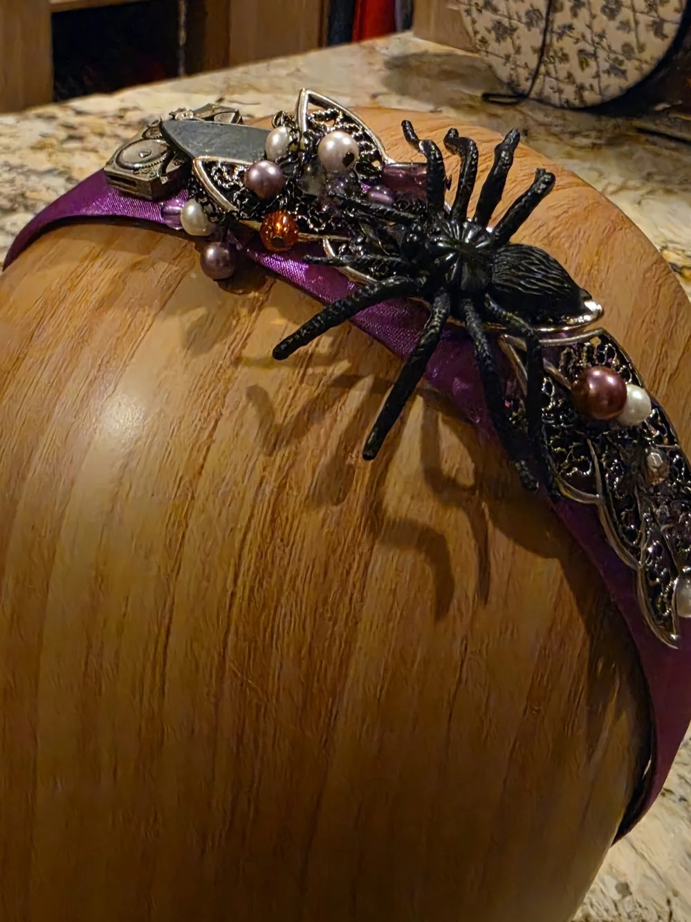 Purple Satin Headband with Decorative Spider and Bead Accents